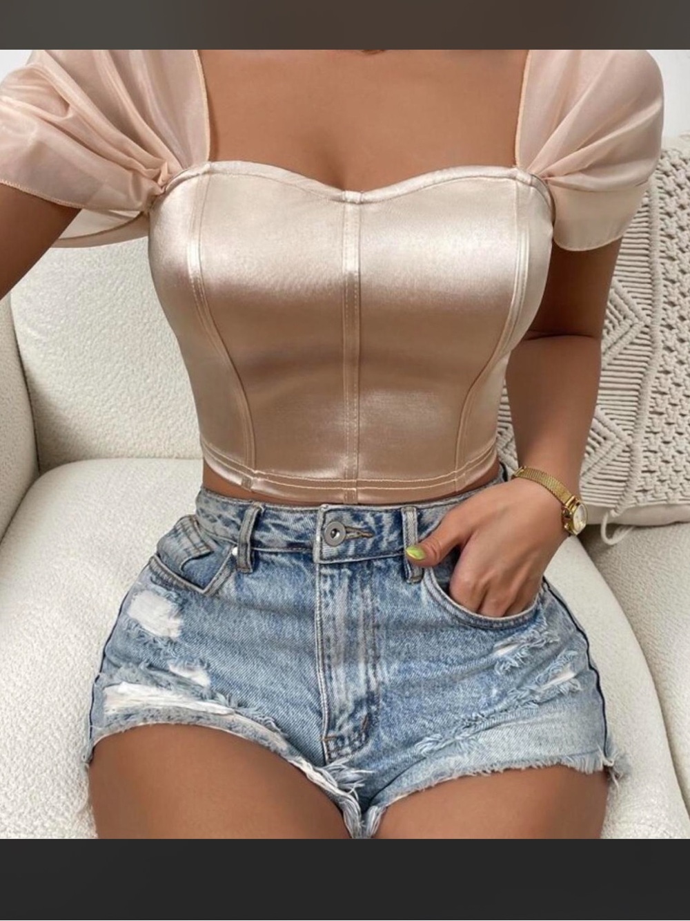 Sheer Puff Sleeve Satin Bustier Style Top